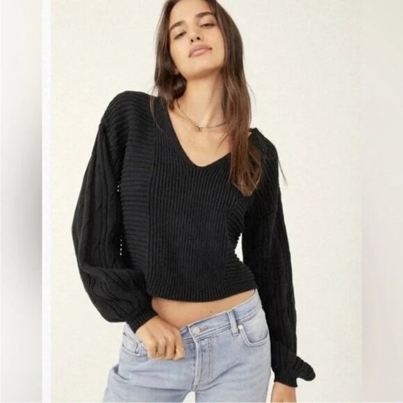 Free People Sweaters - Free People Solid Black Ribbed When It  Rains Cotton V-Neck Cropped Sweater S